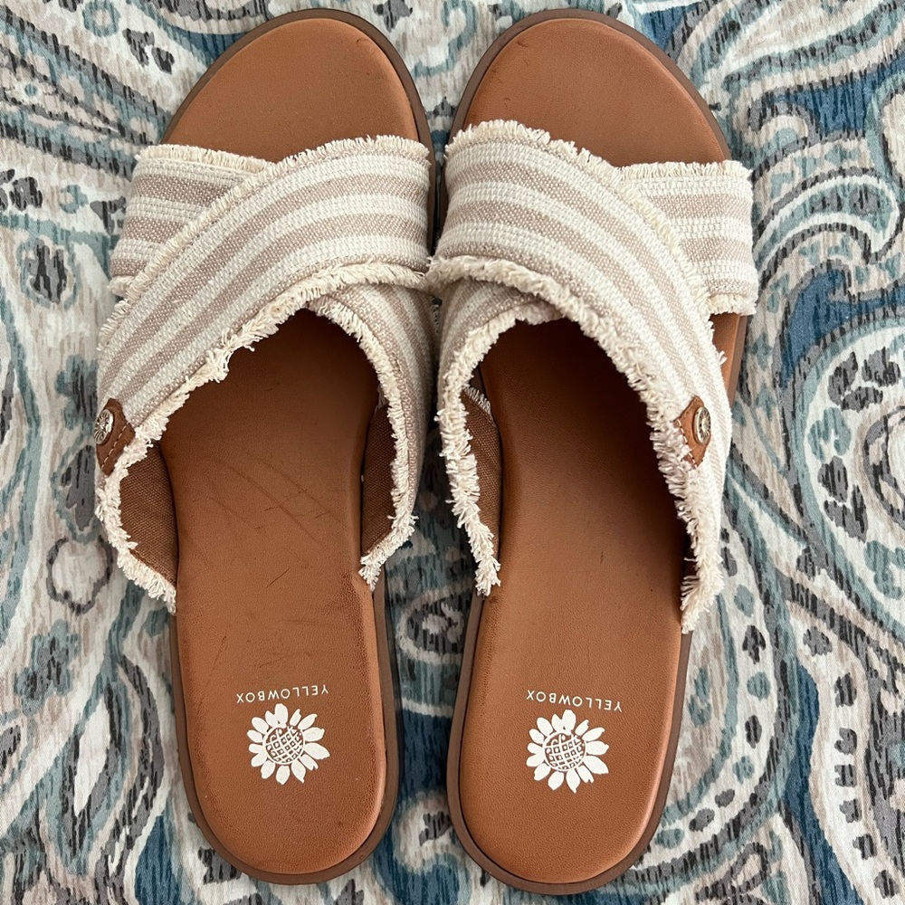 Yellow Box Size 10 Frayed Stripe Slide Sandals | Beige/Cream | Women’s